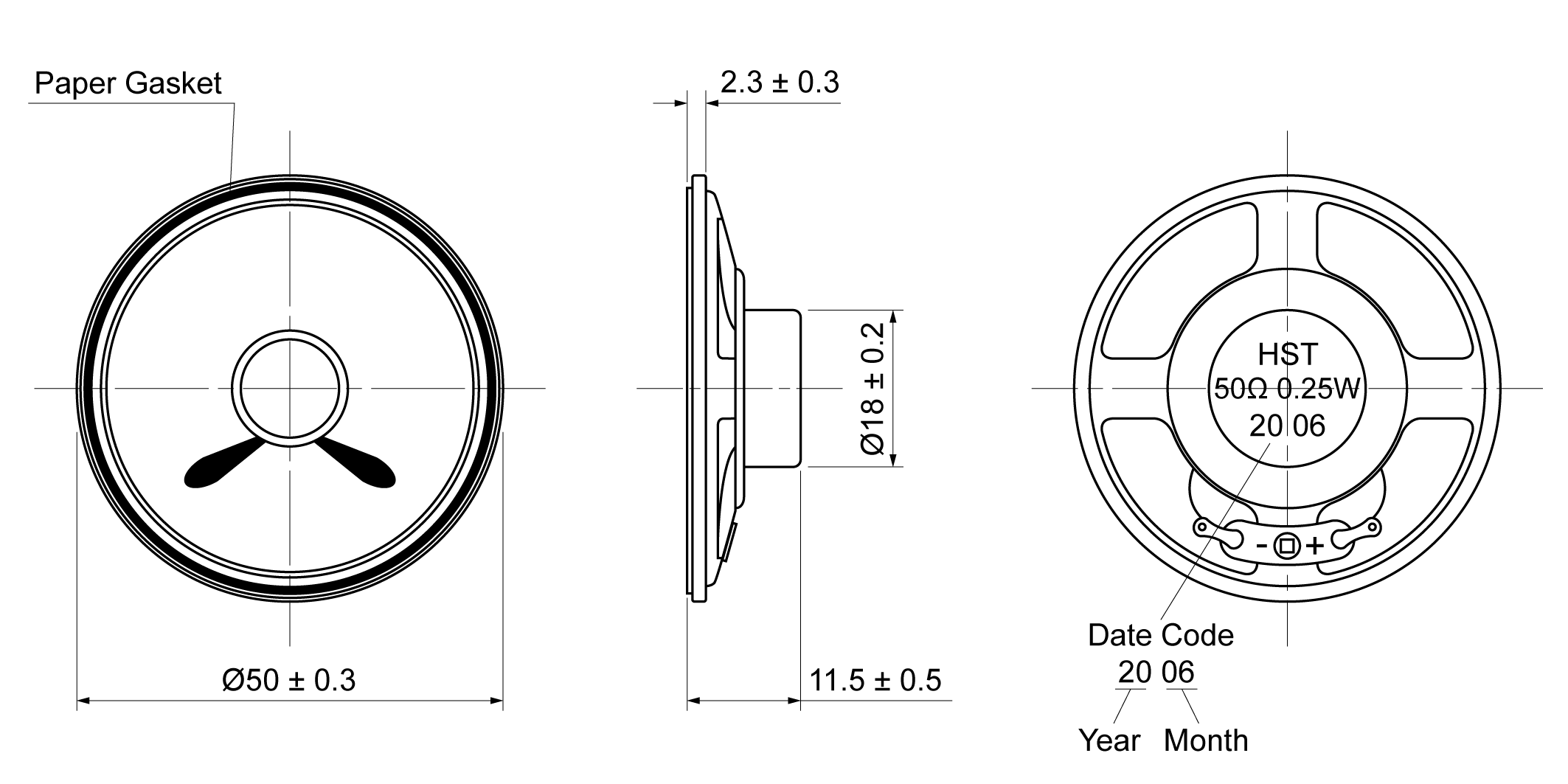 MI50BR-11H0.25W50 Mechanical Drawing